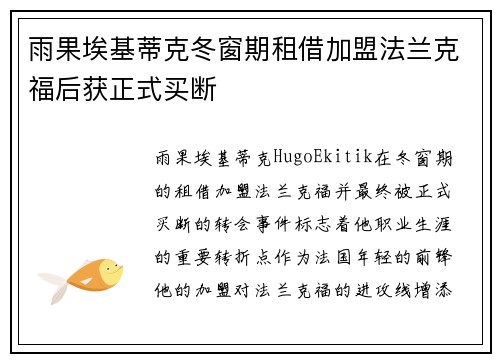 雨果埃基蒂克冬窗期租借加盟法兰克福后获正式买断